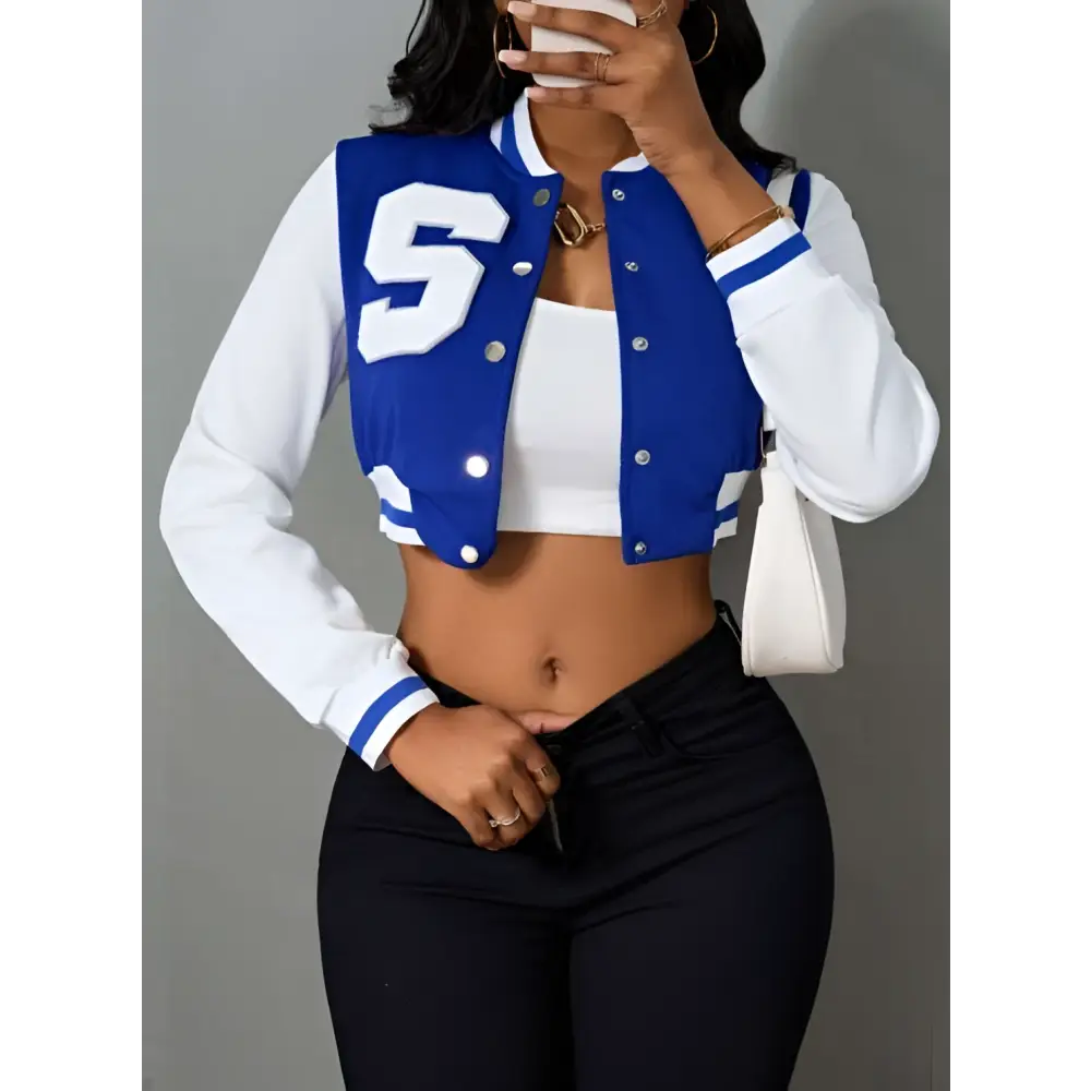 Blue and White Ladies Printed Baseball Jacket