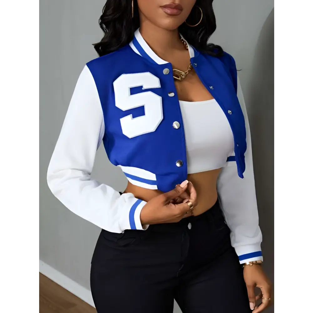 Blue and White Ladies Printed Baseball Jacket