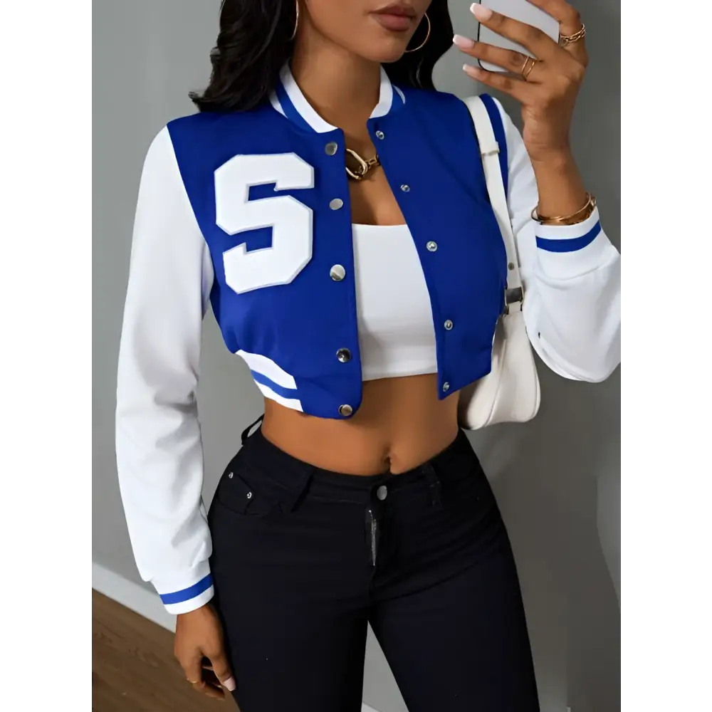 Blue and White Ladies Printed Baseball Jacket