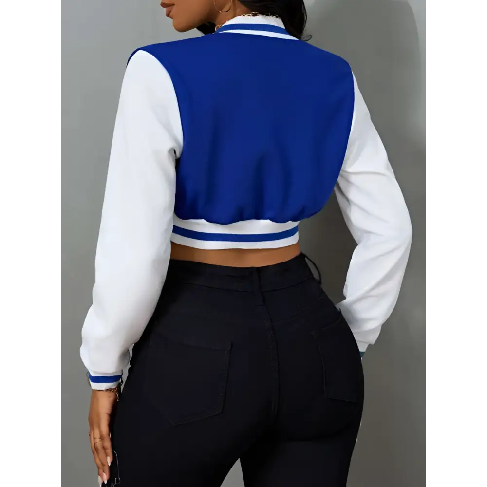 Blue and White Ladies Printed Baseball Jacket