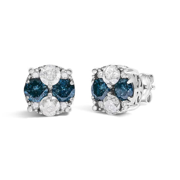 Blue Diamond Composite Cluster Stud Earrings in Sterling Silver – 2 Cttw