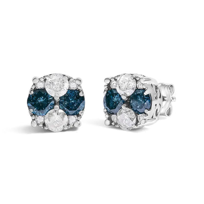 Blue Diamond Composite Cluster Stud Earrings in Sterling Silver – 2 Cttw