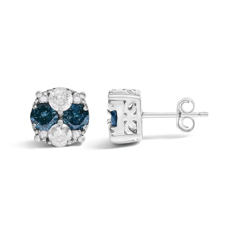 Blue Diamond Composite Cluster Stud Earrings in Sterling Silver – 2 Cttw