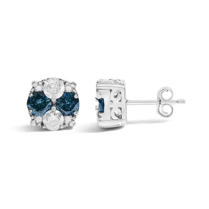 Blue Diamond Composite Cluster Stud Earrings in Sterling Silver – 2 Cttw