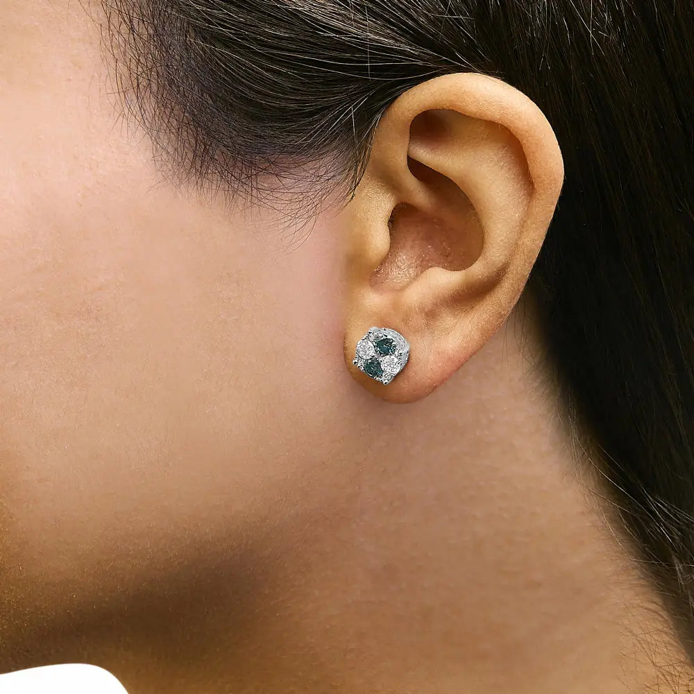 Blue Diamond Composite Cluster Stud Earrings in Sterling Silver – 2 Cttw