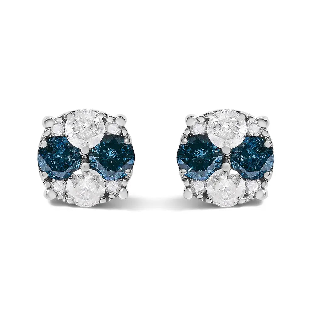 Blue Diamond Composite Cluster Stud Earrings in Sterling Silver – 2 Cttw