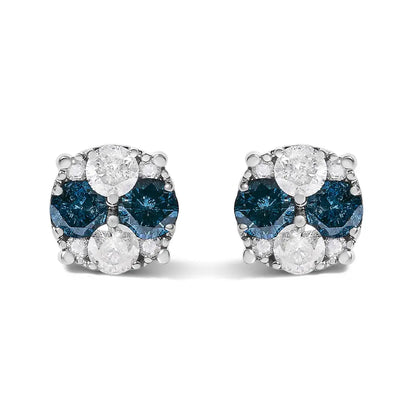 Blue Diamond Composite Cluster Stud Earrings in Sterling Silver – 2 Cttw
