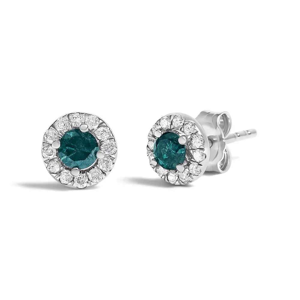Blue Diamond Halo Stud Earrings in Sterling Silver – 1/2 Cttw