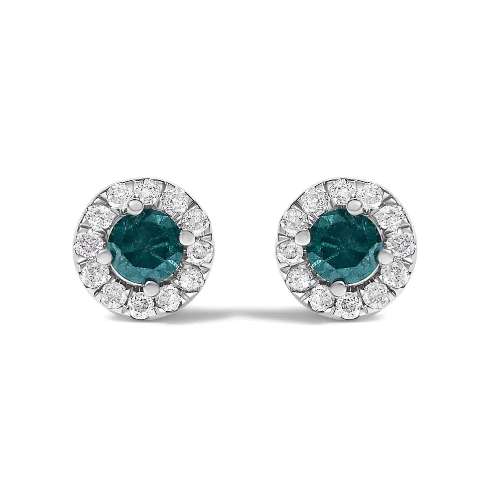 Blue Diamond Halo Stud Earrings in Sterling Silver – 1/2 Cttw