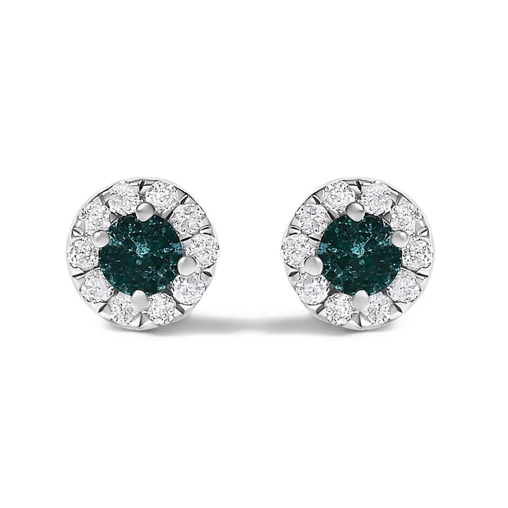 Blue Diamond Halo Stud Earrings in Sterling Silver – 1/3 Cttw