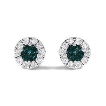 Blue Diamond Halo Stud Earrings in Sterling Silver – 1/3 Cttw