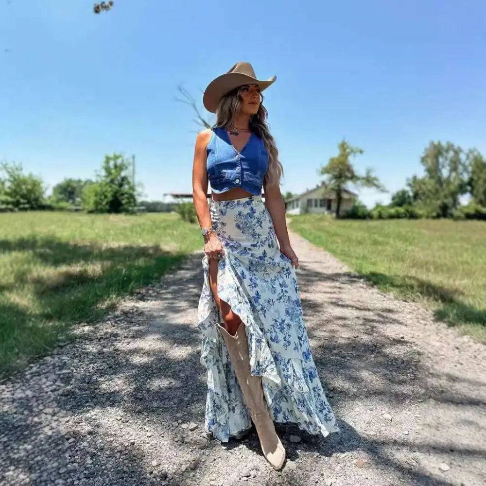 Blue Floral Split Print Pleating Big Hem Skirt