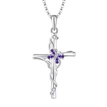 Blue Gemstone Cross Necklace Sterling Silver Women