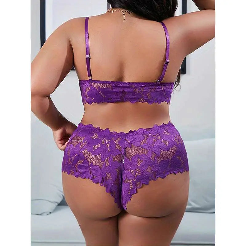 Blue Plus Size Underwear Mesh Suit with Satin Ribbon