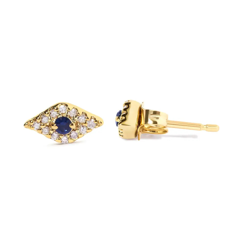 Blue Sapphire and Diamond Evil Eye Stud Earrings in 10K Yellow Gold