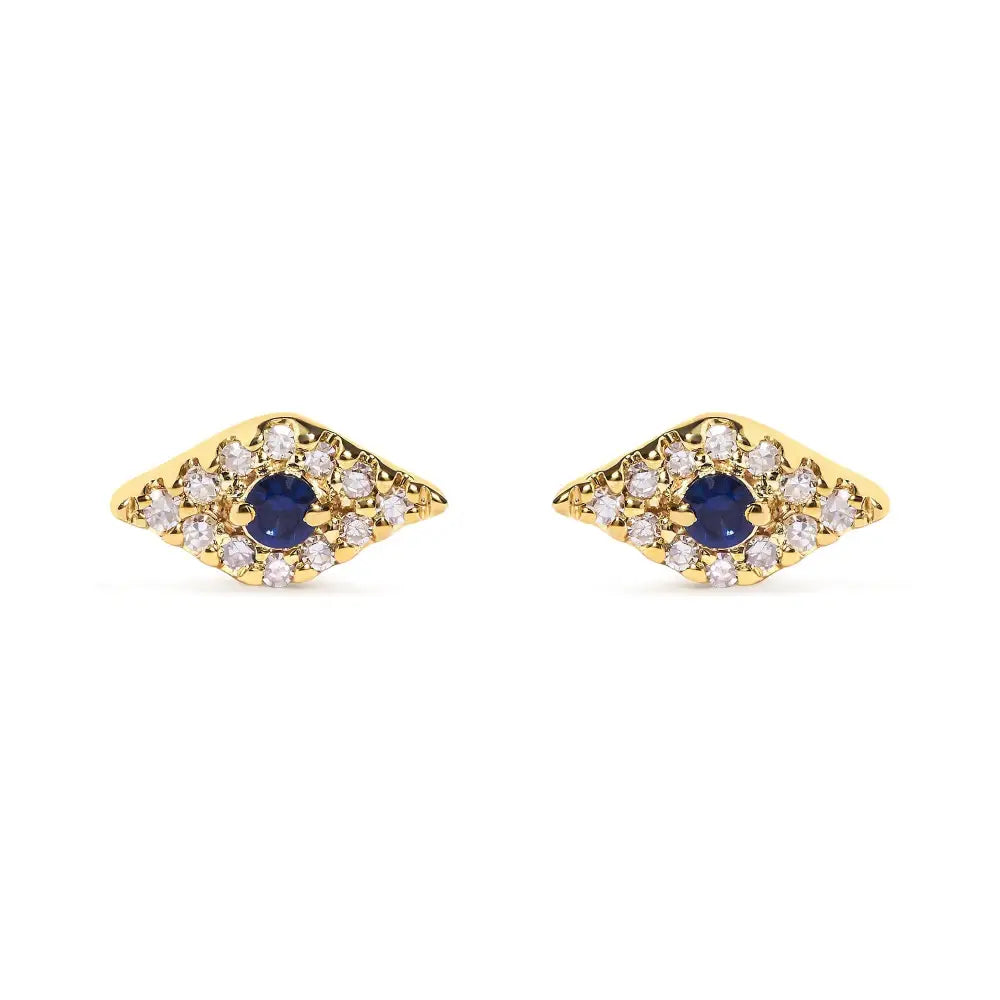 Blue Sapphire and Diamond Evil Eye Stud Earrings in 10K Yellow Gold