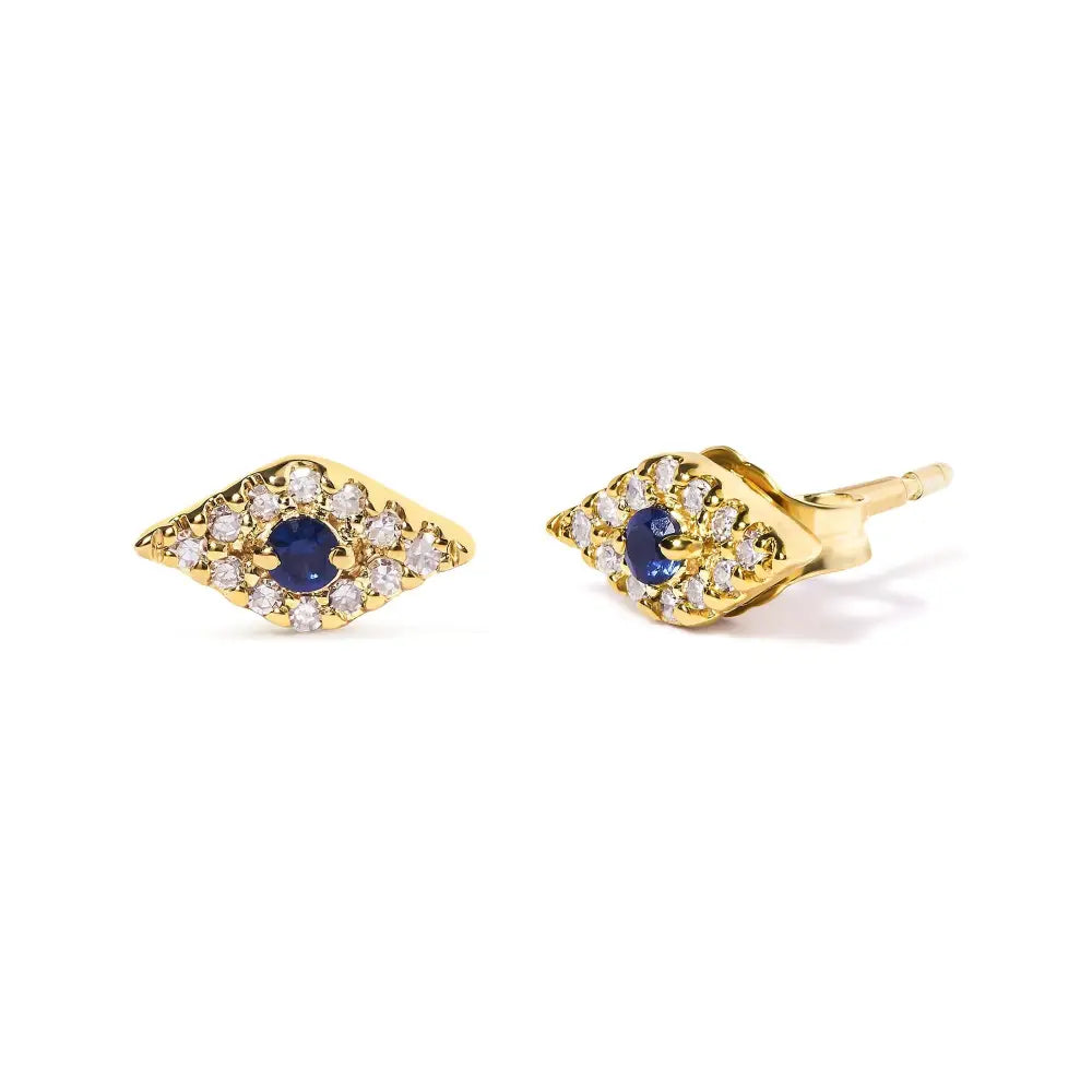 Blue Sapphire and Diamond Evil Eye Stud Earrings in 10K Yellow Gold