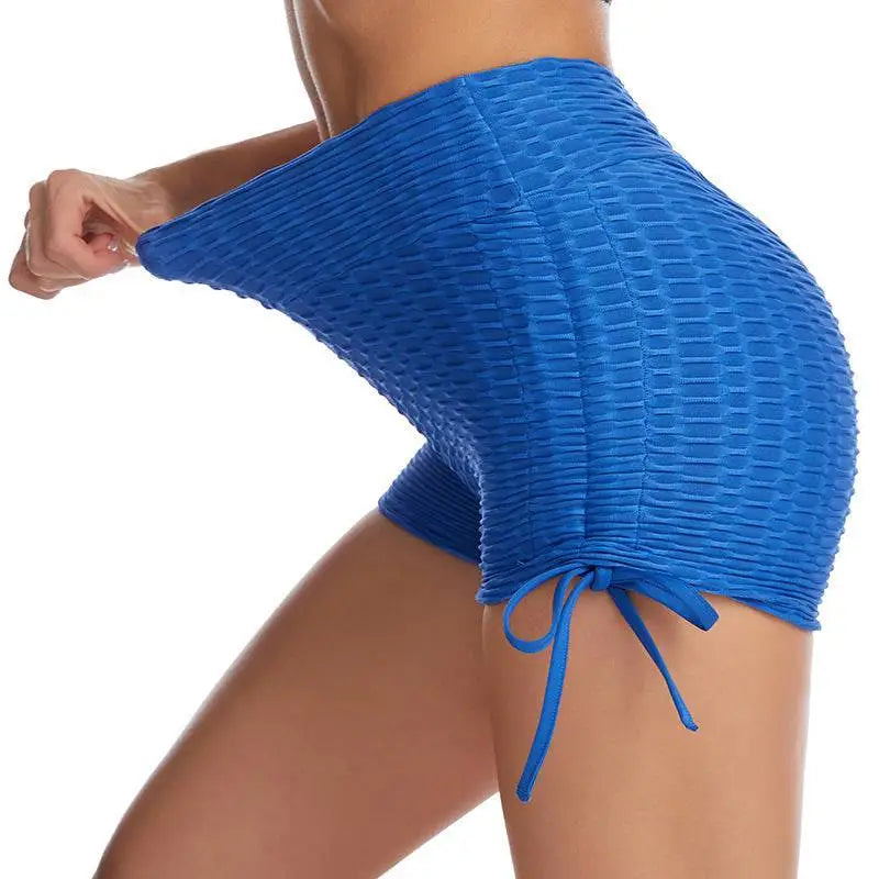 Blue Textured Butt Lift Drawstring Shorts