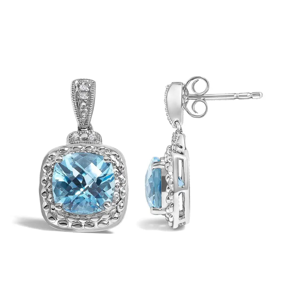 Blue Topaz & Diamond Accent Drop Earrings in Sterling Silver – 8x8mm Cushion Cut