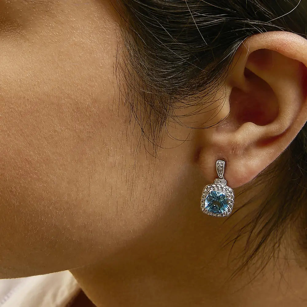 Blue Topaz & Diamond Accent Drop Earrings in Sterling Silver – 8x8mm Cushion Cut
