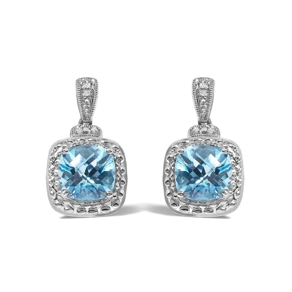 Blue Topaz & Diamond Accent Drop Earrings in Sterling Silver – 8x8mm Cushion Cut