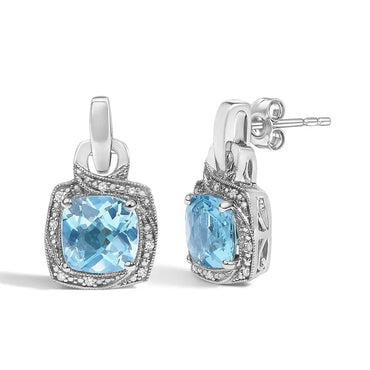 Blue Topaz & Diamond Accent Geometric Dangle Earrings in Sterling Silver – Cushion Cut