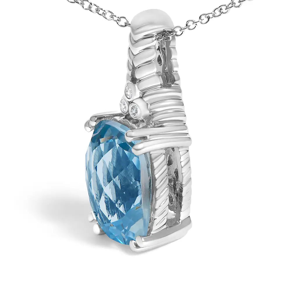 Cushion Blue Topaz and Diamond Textured Pendant in Sterling Silver