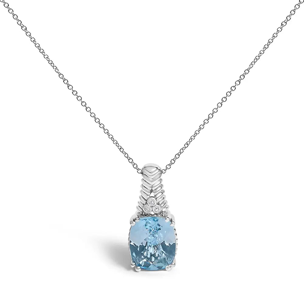 Cushion Blue Topaz and Diamond Textured Pendant in Sterling Silver