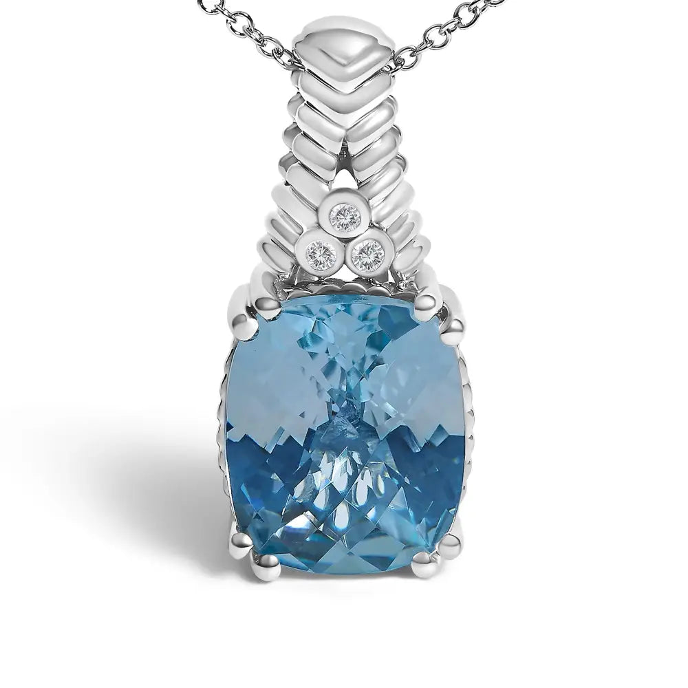 Cushion Blue Topaz and Diamond Textured Pendant in Sterling Silver