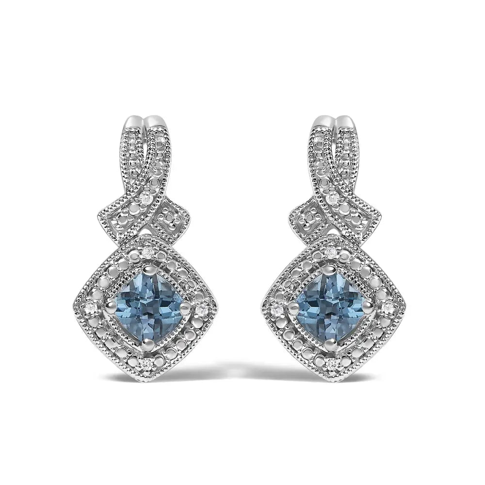 Blue Topaz & Diamond Accent Twist Dangle Earrings in Sterling Silver – Cushion Cut