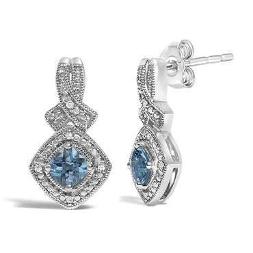 Blue Topaz & Diamond Accent Twist Dangle Earrings in Sterling Silver – Cushion Cut