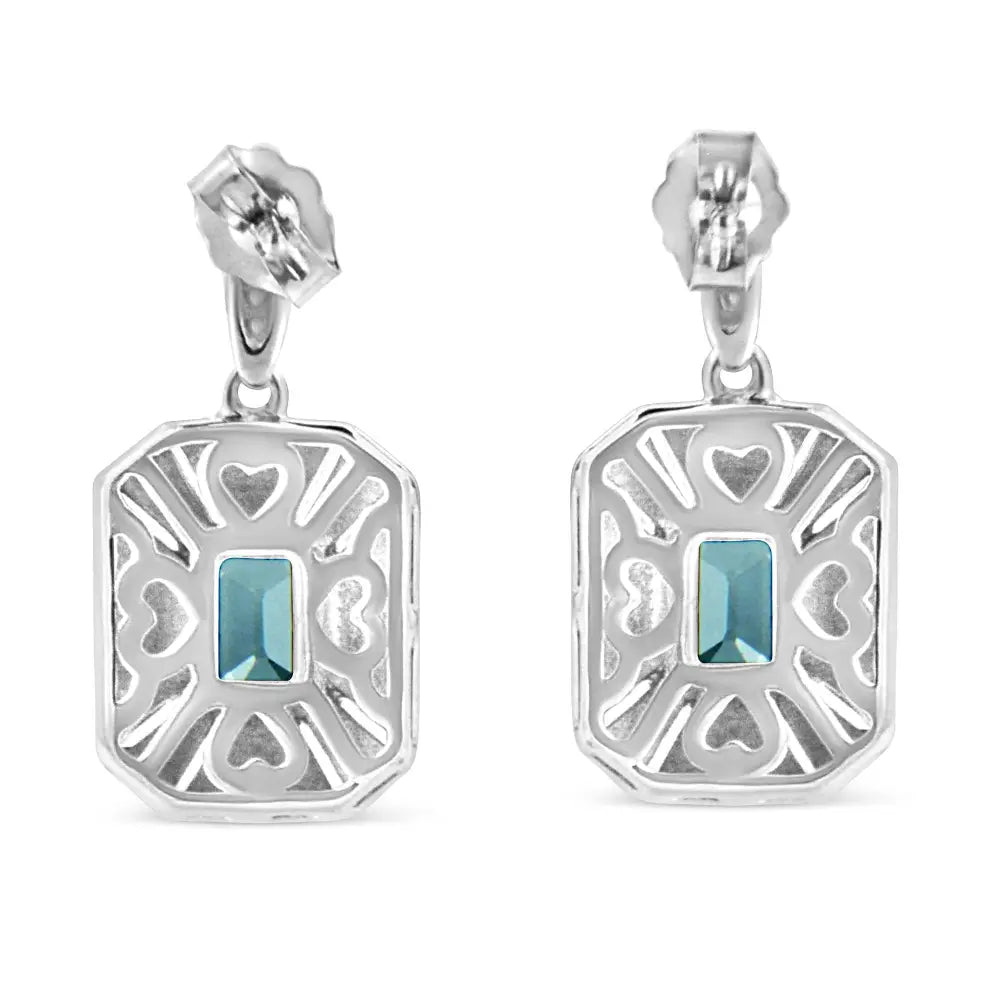 Emerald Cut Blue Topaz and Diamond Art Deco Halo Earrings in Silver