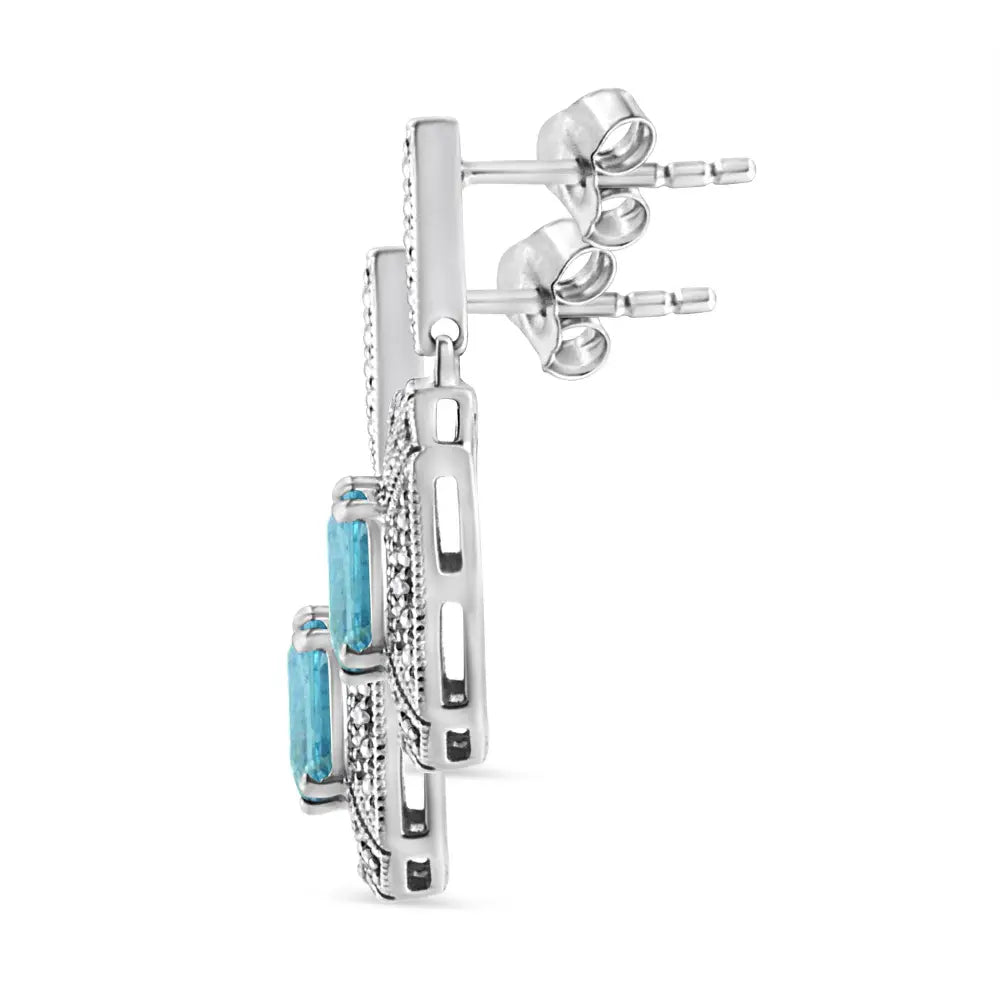 Emerald Cut Blue Topaz and Diamond Art Deco Halo Earrings in Silver