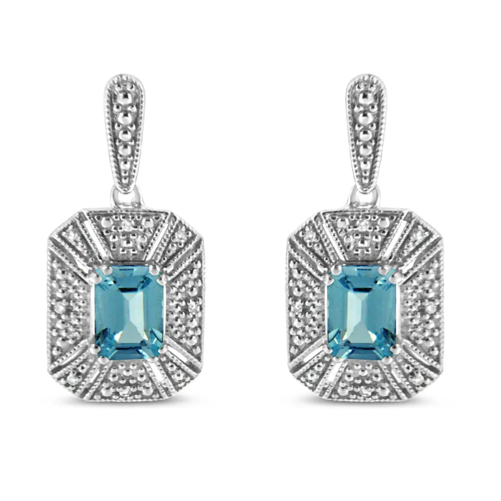 Emerald Cut Blue Topaz and Diamond Art Deco Halo Earrings in Silver