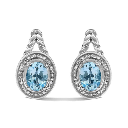 Blue Topaz & Diamond Halo Twist Drop Earrings in Sterling Silver – Oval Cut