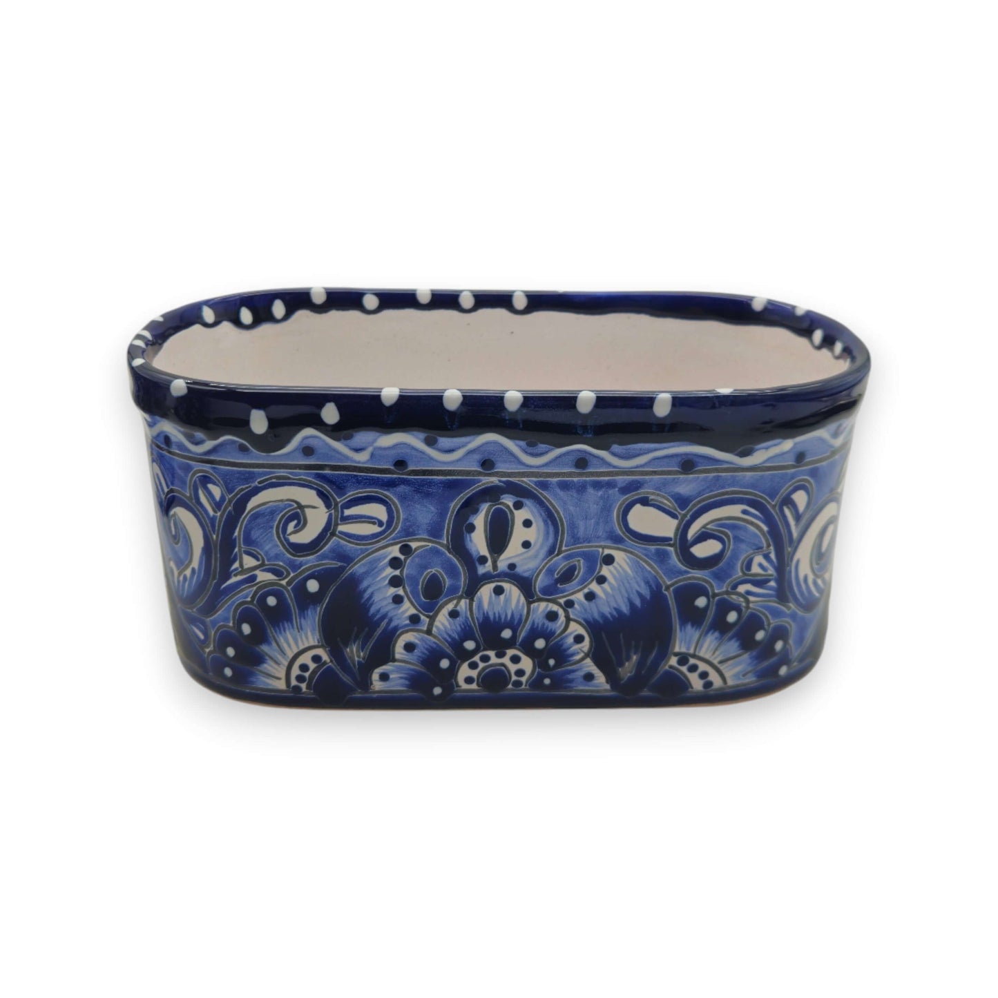 Blue and White Oval Talavera Planter | Mexican Ceramic Pot