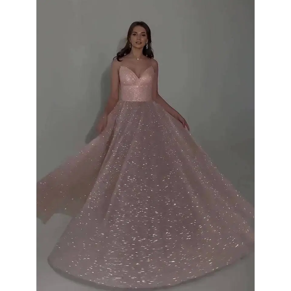 Blush Sequined Backless Evening Dress