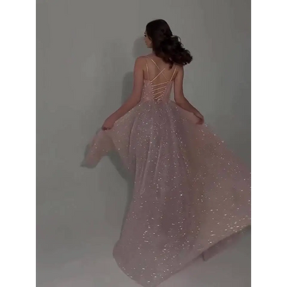 Blush Sequined Backless Evening Dress