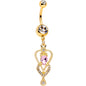 Clear Pink Gem Gold Tone Anodized Double Deco Heart Dangle Belly Ring