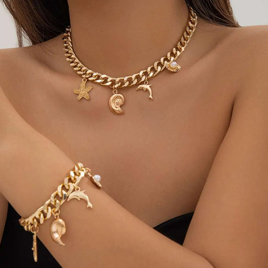Boho Conch Dolphin Starfish Choker Necklace Bracelet Set