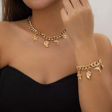 Boho Conch Dolphin Starfish Choker Necklace Bracelet Set