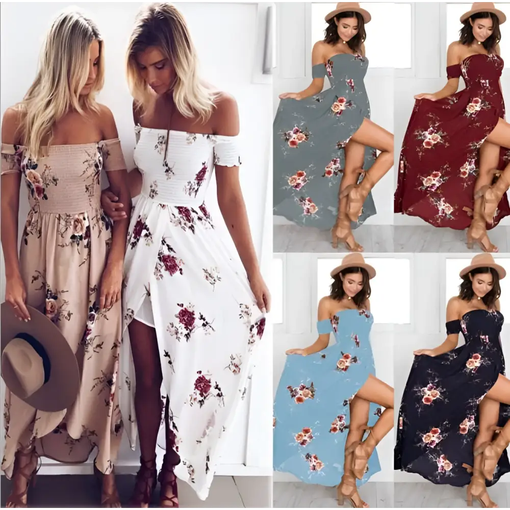 Boho Style Long Dress Women Floral Off Shoulder Maxi