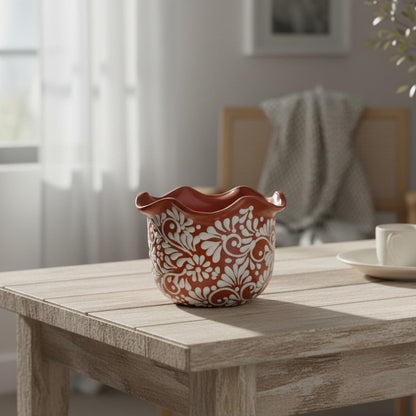Brown & White Talavera Planter | Handcrafted Wavy Rim Pot