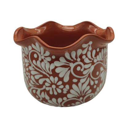 Brown & White Talavera Planter | Handcrafted Wavy Rim Pot