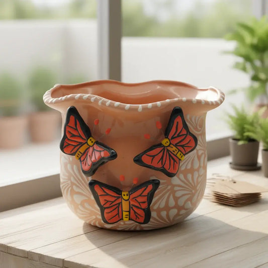 Brown & White Talavera Planter | Monarch Butterfly Accent