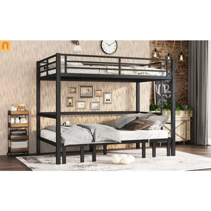 Bunk Bed Twin XL over Twin XL Metal Black Pull-Out Lower Bunk 3-Section