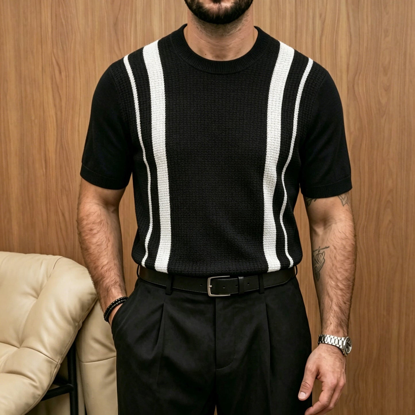 Mens Ice-Silk Cool-Feel Striped Crew-Neck Knitted Top