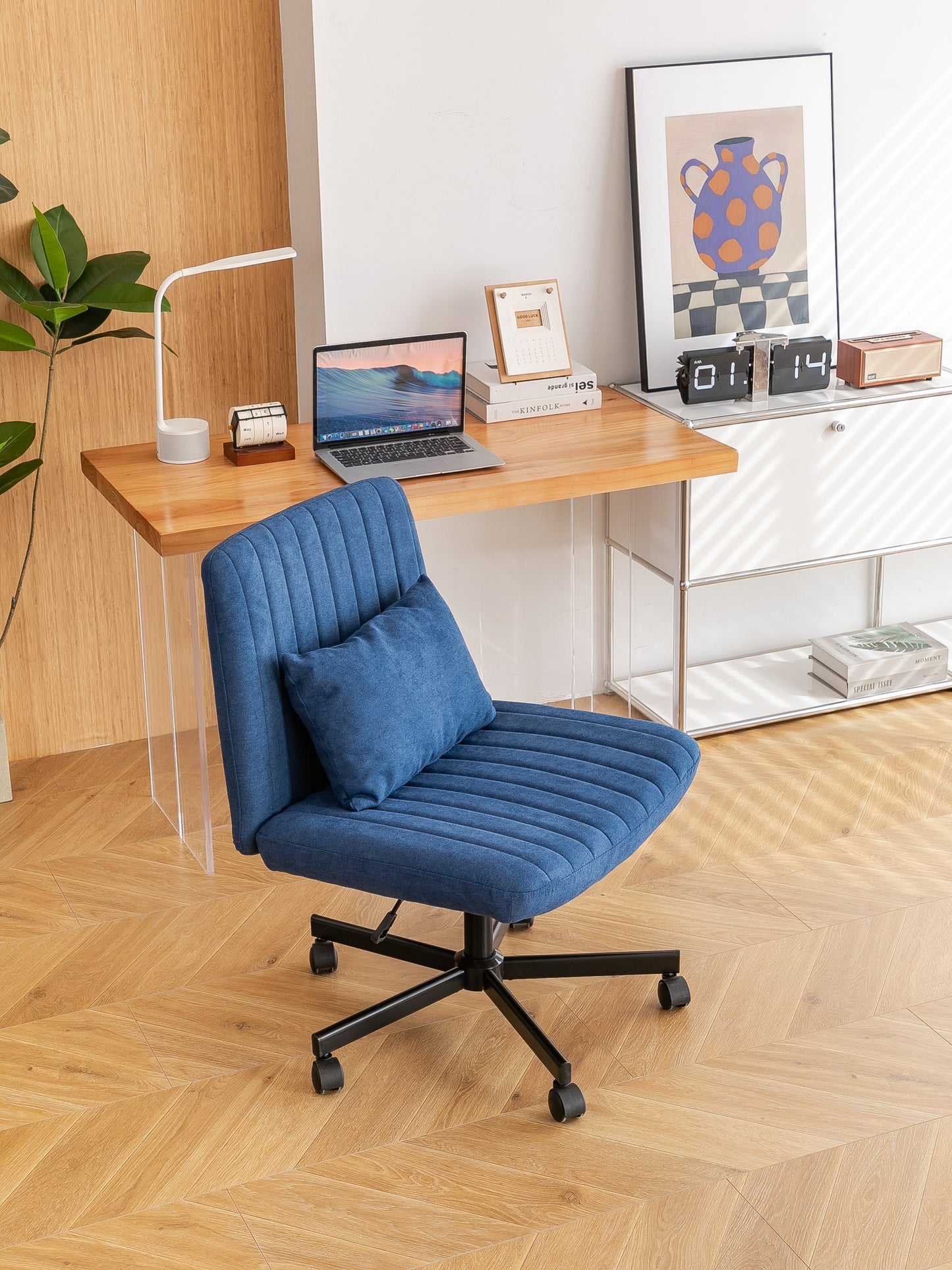 Swivel Office Chair Linen Blue Criss Cross Memory Foam 360 Degree 25.2 In