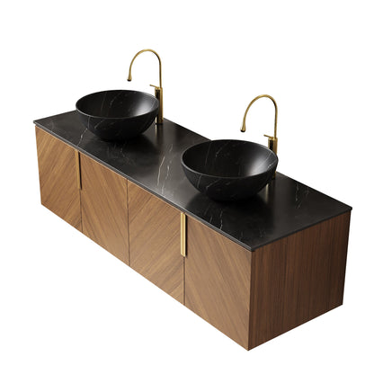 60' Bathroom Vanity with Sinks, Floating Plywood 4 Doors Black Bowl Ceramic Basins