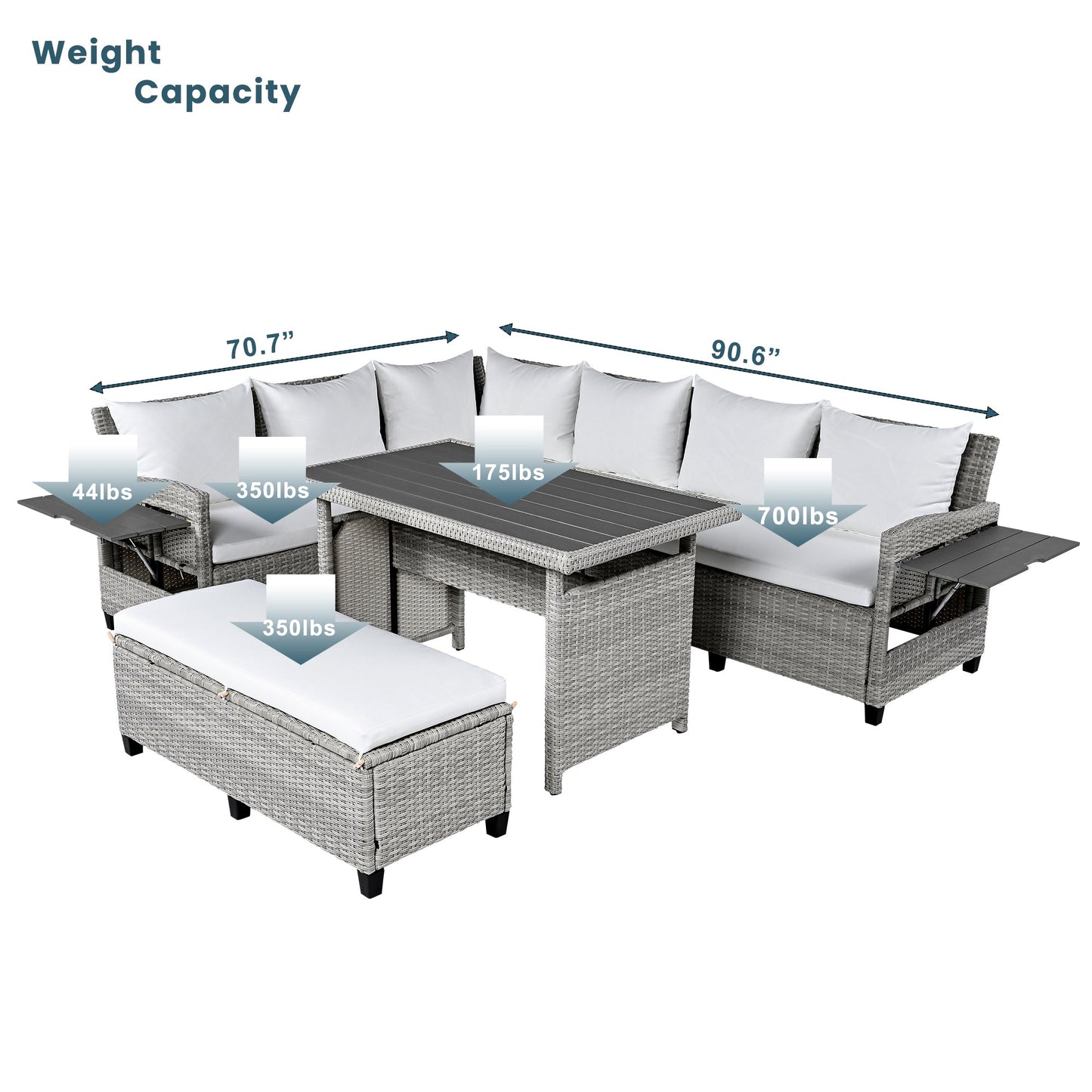 Outdoor Sectional Set PE Rattan Steel White 5 Piece Seats 7 Extendable